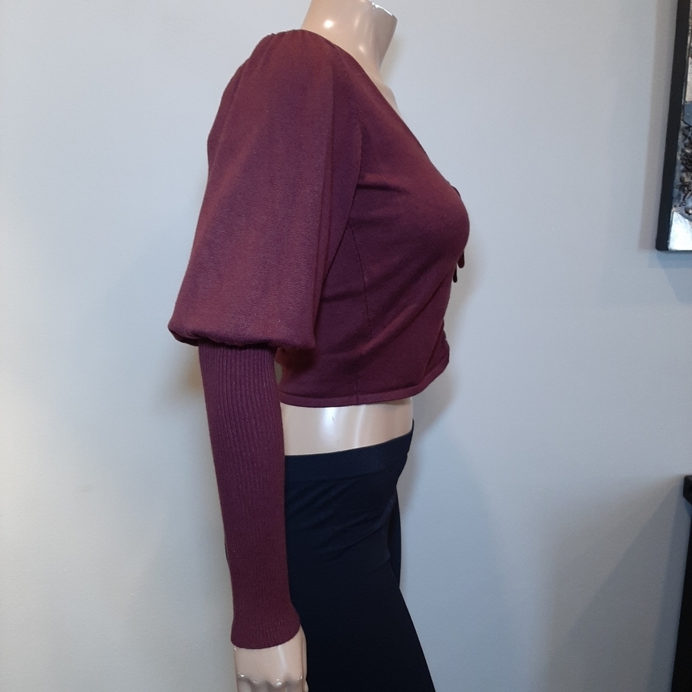 💠Guess Layla Puff Sleeve Cropped Sweater Cinch Drawstring Front Ribbed Pullover - Picture 11 of 13